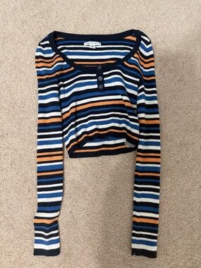 American Eagle Outfitters Navy, White & Orange Striped Cropped Sweater